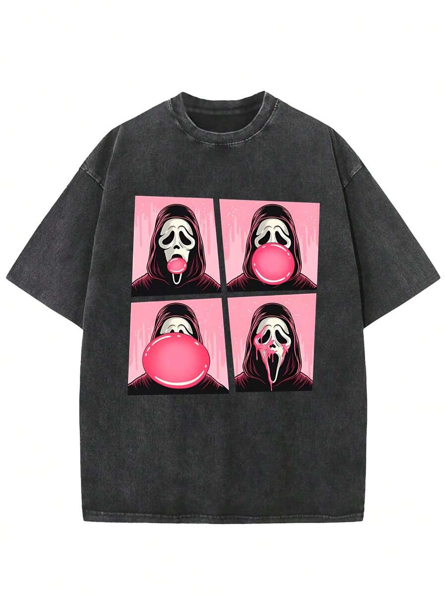 2025 New Halloween Ghost Face Short Sleeve T-Shirt, Funny Ghost Face T-Shirt, Halloween Retro Washed Cotton T-Shirt, Suitable For Men And Women's Clothing, Holiday Gifts - màu đen - Xem 1
