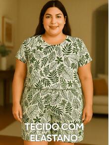 Plus Size Printed Long Sleeve Blouse + Shorts Set With Elastic Waist Perfect For Everyday GG Vete Is 50 - Nhiều màu - Xem 5