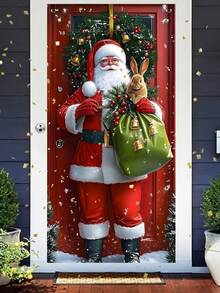 1pc Christmas Santa Claus & Rabbit Snowy Landscape Polyester Door Banner, Holiday Hanging Decor, Suitable For Christmas New Year Home/Shop Door Wall Decoration - Multicolor - View 4