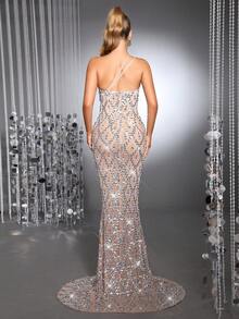 Luxury Handmade Beaded Sequin Sexy Asymmetrical Shoulder Sleeveless Mesh Sheer Fitted Dress, Women's Formal Evening Gown For Wedding Guest, Bridesmaid, Party, Holiday - Apricot - View 7