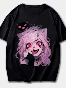 Women's Cute Anime Graphic Print T-Shirt - Short Sleeve Crew Neck Casual Top With Pink Hair & Cat Ear Character Design, Gray For Rtist Y2K, Streetwear, Casual, Hip Hop, Rock, Rap, Star Graphic Oversized Crew Neck Short Sleeve T-Shirt Tee For Women, Holiday, Vacation, Spring, Festival, Anime Fan Apparel | Cute Graphic Tee | Summer Tops, Sports SUMMER Outdoors Basic With T-Shirt - 黑色 - 查看 1