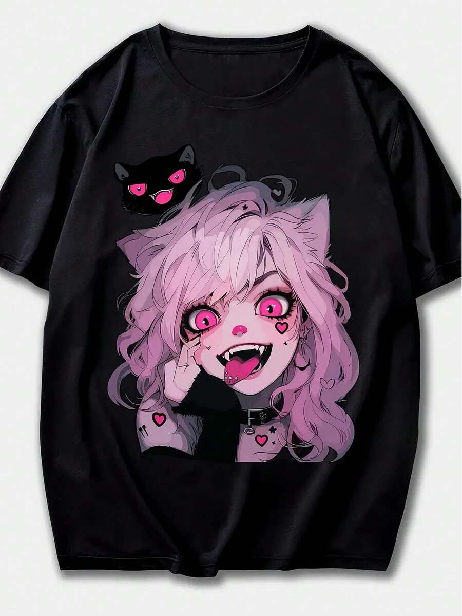 Women's Cute Anime Graphic Print T-Shirt - Short Sleeve Crew Neck Casual Top With Pink Hair & Cat Ear Character Design, Gray For Rtist Y2K, Streetwear, Casual, Hip Hop, Rock, Rap, Star Graphic Oversized Crew Neck Short Sleeve T-Shirt Tee For Women, Holiday, Vacation, Spring, Festival, Anime Fan Apparel | Cute Graphic Tee | Summer Tops, Sports SUMMER Outdoors Basic With T-Shirt - 黑色 - 查看 1
