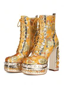 Yellow Embroidered Fabric Thick High-Heeled Short Boots, Daily Party Boots - 黃色 - 查看 7