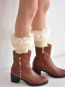 1 Paio di Scaldamuscoli Caldi da Donna, Scaldamuscoli Corti Imbottiti e Lavorati a Maglia Rigati per Autunno/Inverno, Scaldamuscoli Corti con Bordo Soffice di Colore Unito