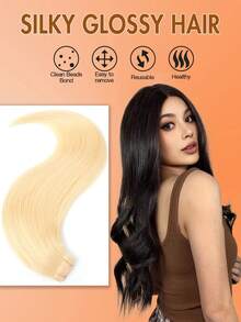PU Invisible Hair Extensions, Real Human Hair, Straight Golden Hair - S60 - View 6