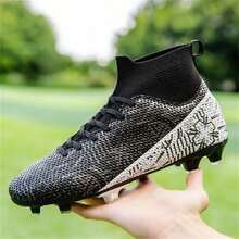 男式足球鞋高帮足球鞋户外透气运动专业钉鞋青少年男孩足球鞋男女通用 - 黑色 - 查看 4