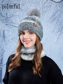 Women's Knitted Hat & Scarf 2 Pieces Set, Warm, Thick, Ombre Color, Fashion Versatile Beanie, Autumn/Winter Autumn Outfits Fluffy