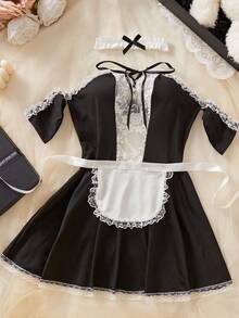 Sexy Lingerie Costume Black&White Lace Patchwork Costume Sexy Maid Costume Cosplay Jumpsuit And Apron 3pcs/Set For Women - 黑與白 - 查看 9