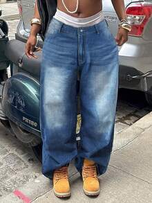 大码女式中腰水洗牛仔裤，复古做旧无弹力牛仔裤，休闲春季款 - 中等水洗藍 - 查看 3