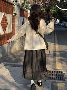 女式A字抽绳腰裙，休闲百搭，秋冬 - 黑色 - 查看 7