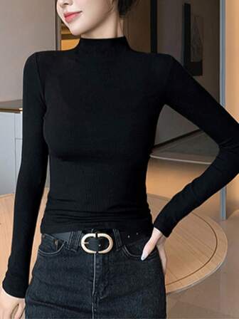 女士秋季长袖 T 恤，时尚修身纯色高领汗衫，适合办公室、家居和日常穿着，秋冬季