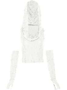 Women's Ripped Hoodie Sweater Vest Hollow Out Hooded Crop Top Knit Pullover Streetwear With Oversleeve - 白色 - 查看 5