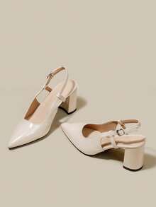 女士米色漆皮尖头单带粗跟高跟鞋，优雅尖头正式高跟鞋，时尚露跟高跟鞋 - 米色 - 查看 3