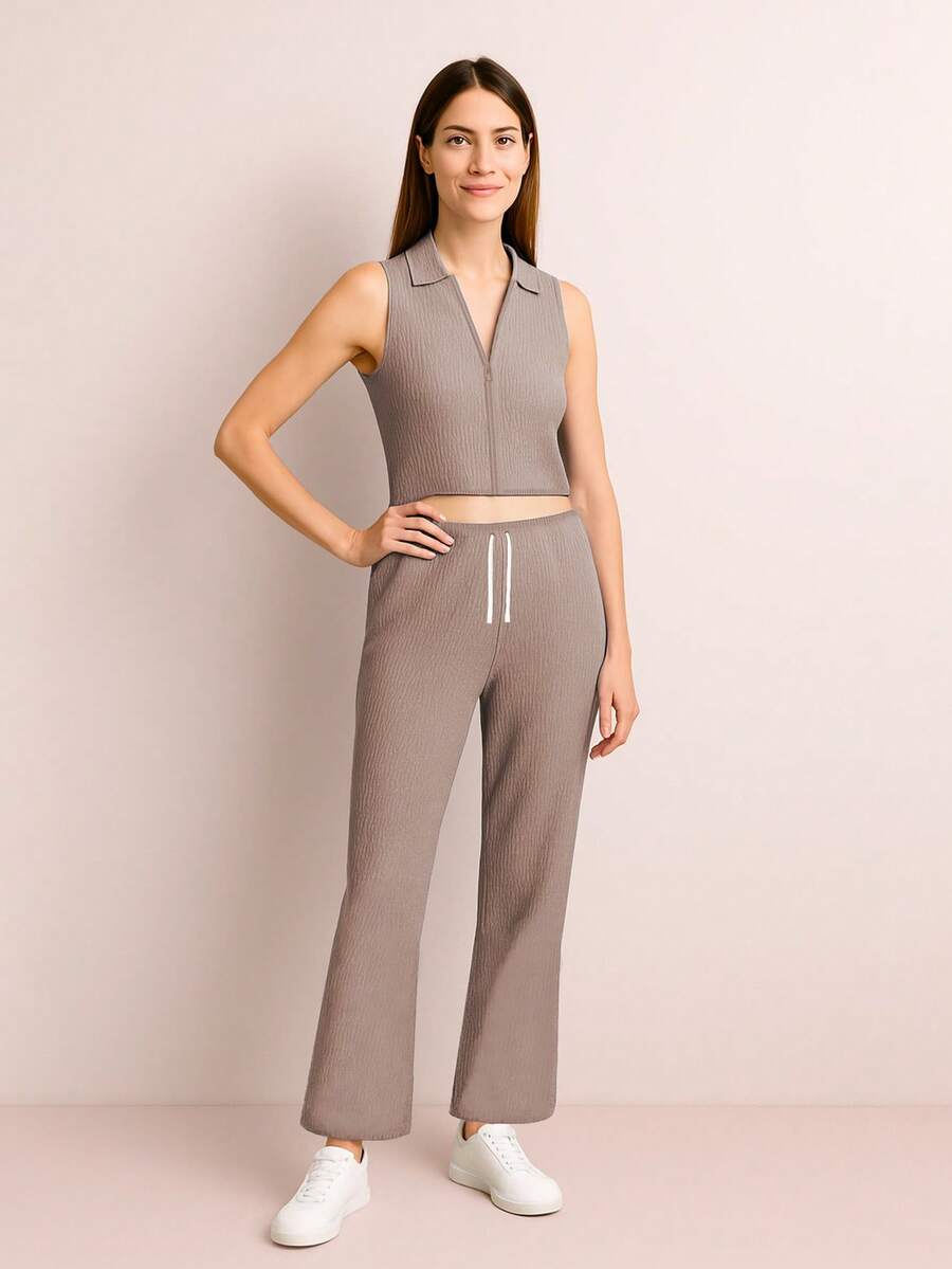 Conjunto de dos piezas de top corto  sin mangas con cuello y pantalón para mujer, tejido elástico medio