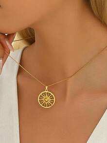 1 Stück Vintage Sonnen Totem Anhänger Halskette & Ohrringe für Frauen, Edelstahlkette Halskette für Alltag, Party, Schmuckgeschenke - Goldgelb - Übersicht 10