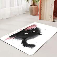 1pc Cute Black Cat Cartoon Pet Feeding Mat - Colorful Printed Design, Playful Pink Flowers, Diatomite Material Cat Bowl, Indoor Use, Cat Food Mat