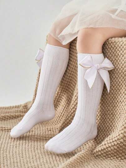 1 Pair Girls' Solid Color Cotton Children's Socks, Baby Ribbed Knee-High Socks, Suitable For Back To School And Daily Wear