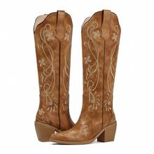 Cowboy Boots For Women Knee High Cowgirl Boots, Western Boots With Floral Embroidered Pointed Toe Chunky Heel Pull On Retro Vintage Classic Tall Boots For Ladies - 棕色 - 查看 5