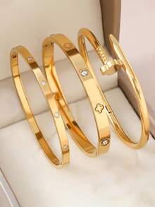 3pcs/1pc Fashion 18K Gold Plated Stainless Steel Four-Leaf Clover Nail Bracelet, Suitable For Women's Party, Daily Wear, European And American Style, Personalized, Generous, Luxury Cubic Zirconia Wristband, Wedding Jewelry Set, Gift For Girls, Women, Relatives, Friends, Beautiful Wedding, Birthday, Valentine's Day