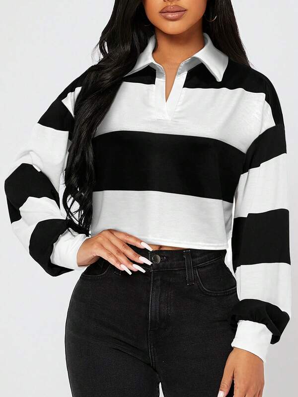 Women's Plus Size Black And White Striped Polo - Style Crop Hoodie, Long - Sleeve, Ideal For Casual & Looks, Must - Have Streetwear Staple, Stylish Plus - Size Fashion