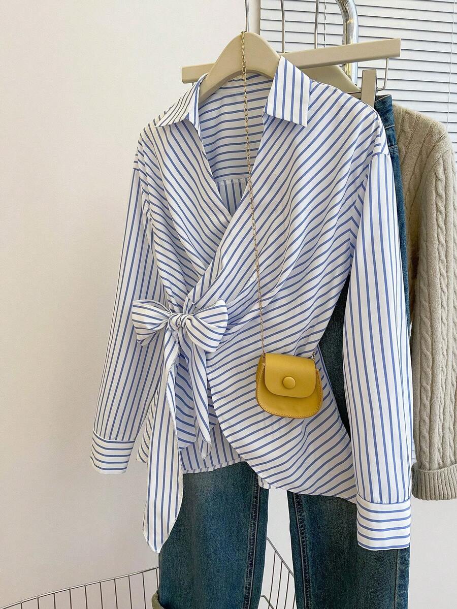 White Striped Long Sleeve Tie-Waist Bow Wrap Elegant Slim Fit Blouse For Women, Spring/Summer