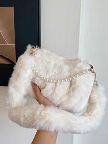 Geantă de mână plisată din pluș, la modă, cu decor de lanț de perle, culoare solidă, geantă de umăr portabilă pentru femei, potrivită pentru toamnă/iarnă, ideală pentru cadouri de sărbători