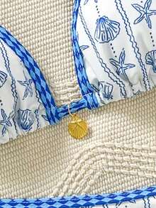 Đồ bơi nữ, bikini sọc & hoa nhí phong cách thường ngày, trang phục đi biển nghỉ dưỡng nữ, đồ bơi đính hạt phong cách retro xanh & trắng - Màu xanh lam - Xem 8