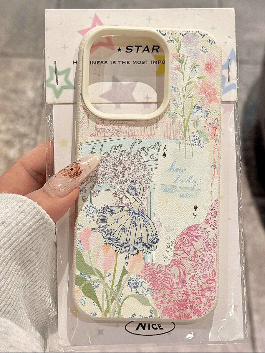 1 件简约可爱芭蕾女孩图案荔枝纹防水防摔防滑柔软手机壳保护套适用于苹果/手机 - 彩色 - 查看 1