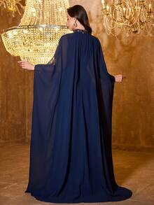 UNITHORSE 女士优雅立领长袖贴花雪纺气质长款晚礼服 - 藏蓝色 - 查看 2