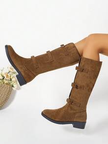 Nouvelles bottes mi-mollet mode pour femmes, couleur unie, fermeture à boucle, tissu tricoté, style navette, automne/hiver - Tabac - Voir 2