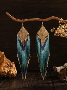 手工串珠耳环，波西米亚风格复古耳环，复古色长流苏吊坠耳环，女士时尚配饰，适合日常佩戴、节日、感恩节、情人节礼物 - 藍金色 - 查看 1