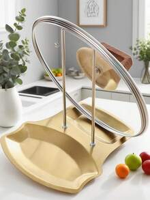 1pc Stainless Steel Pot Lid Organizer - No Drill Countertop Stand Utensil Hooks & Removable Drip Tray