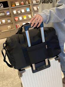 Women's Large-Capacity Travel Bag, Made Of Solid-Color Waterproof Oxford Fabric, Can Be Hung On A Suitcase, Equipped With A Backpack Design With An Adjustable Shoulder Strap, Multifunctional Sports Bag With Multiple Pockets, Suitable For Travel, Fitness, Back-To-School, Moving, And Business Trips (Pink/Black/Gray) - Black - View 7