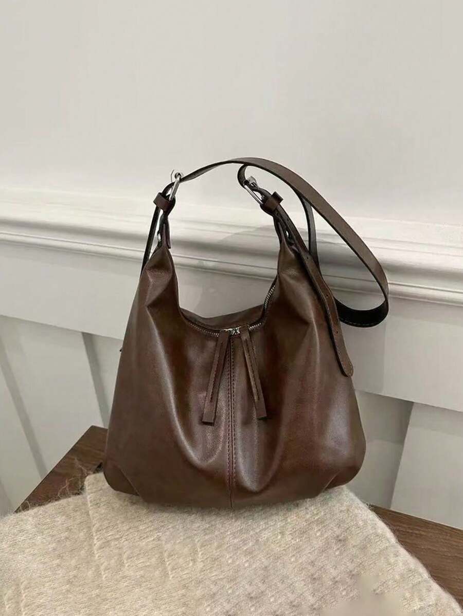 复古大容量柔软纯色女士单肩包，百搭斜挎包，手提包，女士流浪汉单肩包，大容量吊带斜挎包，手提包，休闲工作包