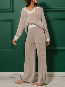 Fisoew Matching Sets For Women 2025 Fall Winter Striped Knit Set | Oversized Sweater & Lounge Pants | Y2K Cozy Matching Outfit | Women's Casual Street Style Tracksuit - 棕色 - 查看 1