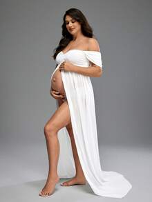 Maternity Off-Shoulder Split Solid Color Ruffle Crossover Dress, Photoshoot Wear - White - View 5