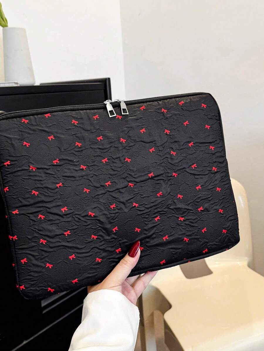 Multi-Size Laptop Bag With Bow Pattern, Handheld Computer Protective Sleeve, Tablet Storage Pouch, Fits 13/13.3/14/15/16 Inch Laptops, Notebooks, Chromebooks - Black - View 1