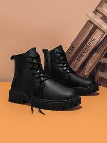 Men's High Top Boots, Autumn/Winter, All-Match Black Leather Casual Shoes, Wear-Resistant Low-Cut Cargo Shoes, New Fashionable Casual Shoes Go With Dress, Lace-Up Metal Eyelets - Black - View 8