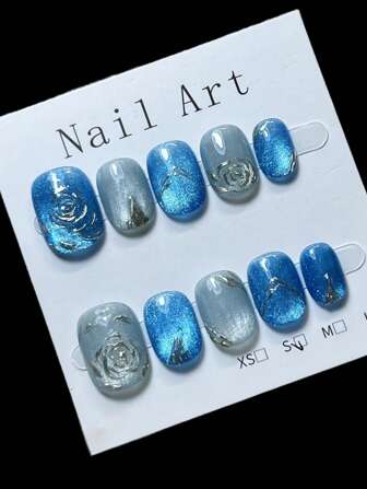 10 片手工按压指甲、假指甲、美甲艺术、按压短指甲、猫眼指甲、浅蓝色指甲、适合女士和女孩日常或假日佩戴，高端品质