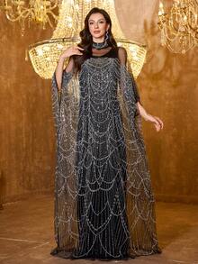 UNITHORSE Women's Elegant Long Sleeve Reversible Beaded Sequin Stitching Contrast Mesh Fabric Maxi Evening Dress - Silver - View 4