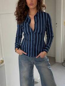 Women's Striped Shirts Fashionable Long Sleeve Turn Down Collar Button Down Slim Fit Blouse - 蔚藍色 - 查看 2