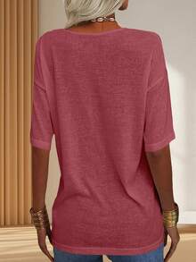 Women's V Neck T-Shirt Half Sleeve Oversized Loose Fit Casual Top - Burgundy - View 2
