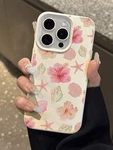 1pc Tropical Floral, Starfish & Shell Pattern Textured Soft Protective Phone Case, Waterproof Shockproof Anti-Slip, Compatible With Apple/ Phones - Multicolor - View 4