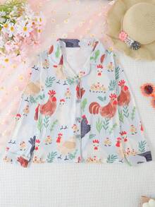 2 件套女孩和青少年休闲卡通小鸡印花翻领长袖开衫和裤子睡衣套装，阻燃，适合所有季节