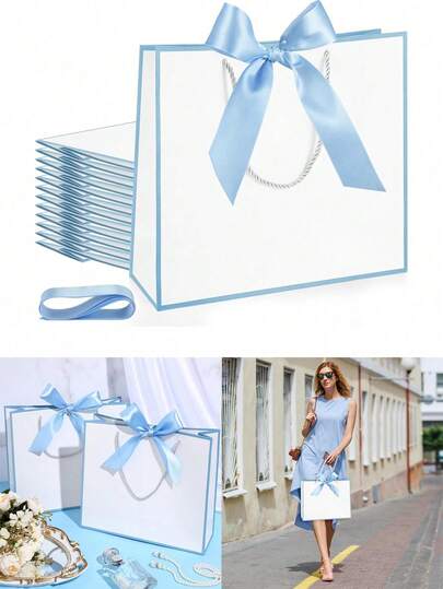5pcs/1pc-Landscape-Style Kraft Paper Gift Bags, Shopping Bags, Packaging Bags With Handles, Bow-Decorated Handbags, Trick Or Treat, Halloween, White Large-Capacity Paper Bags, Halloween, Thanksgiving, Christmas, New Year, Wedding, Birthday Gift Packaging Bags