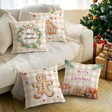 4pcs Gingerbread Man Pattern Beige Tone Cushion Cover Set, Single-Sided Printed - Multicolor - View 9