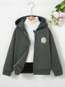 女童休闲花卉印花拉链落肩连帽卫衣夹克，秋冬 - 深灰色 - 查看 2