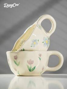 Dengcoo 1 pezzo Tazza da caffè in ceramica, tazza da fiori in stile Ins, tazza a tulipano, tazza per colazione e latte molto attraente per casa e ufficio, adatta per il tè pomeridiano, la colazione, il ritorno a scuola e la decorazione della casa - tazza di caffè - Visualizzare 7