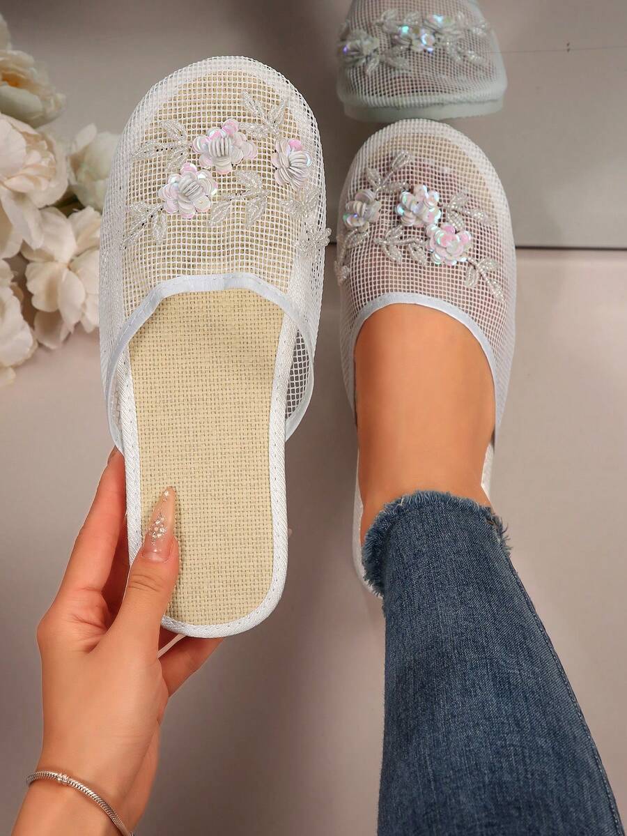 白色露背穆勒拖鞋,透氣編織刺繡平底套腳鞋,優雅休閒室內/室外舒適平底涼鞋,夏季鞋款 - 白色 - 查看 1