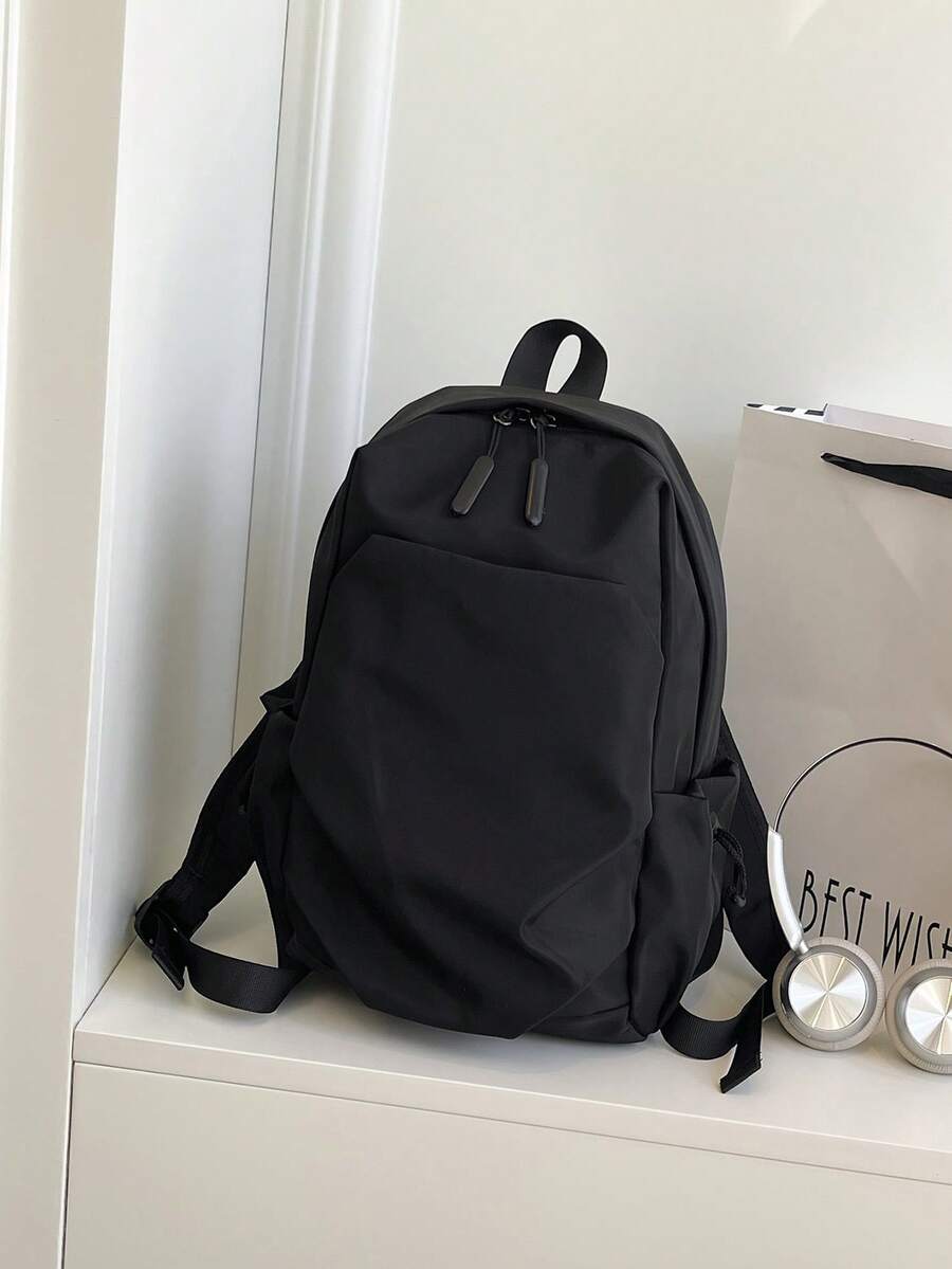 简约休闲男士背包，日常休闲收纳包，适合户外、通勤、旅行、购物、学院风 - 黑色 - 查看 1